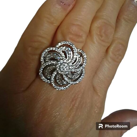 925 Silver LARGE FLOWER CAMELIA Ring SIZE 7 Simulated Diamonds Stamped Cocktail - Picture 9 of 14